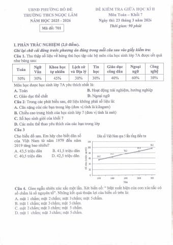 Đề thi Giữa kì 2 Toán 7 năm 2025-2026 trường THCS Ngọc Lâm (Hà Nội)